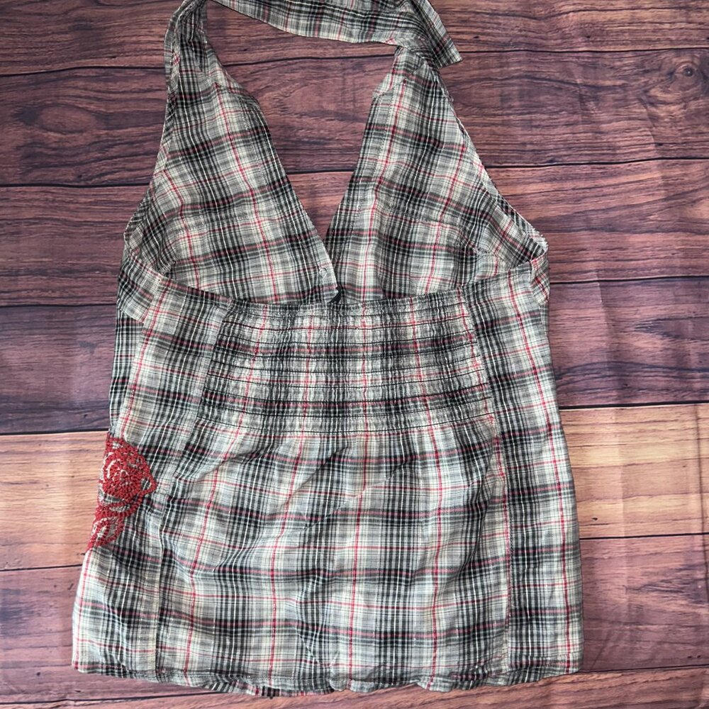 GUESS Plaid Halter Top with Red Rose Embroidered Detail - Size Medium - Picture 6 of 9